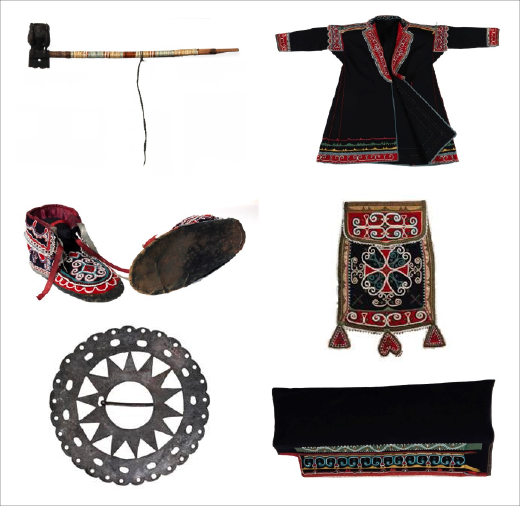 clockwise from top left: smoking pipe, ornate cloak, pouch, leggings, broach, moccasins