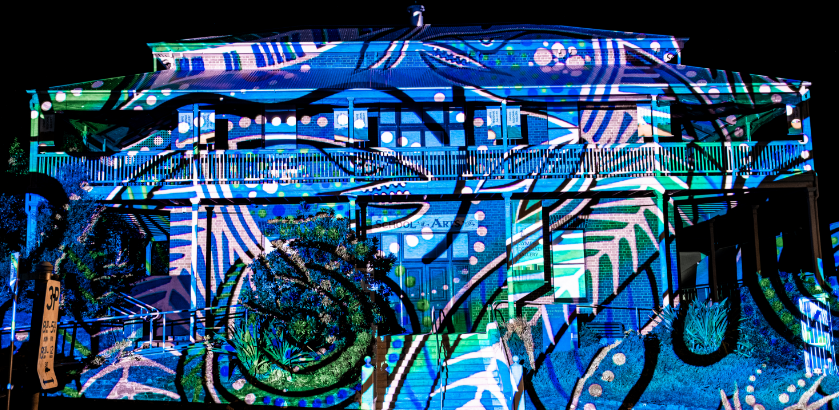 Earth Base Productions Projection art on the Gympie Regional Gallery heritage building by Earth Base Productions, featuring designs by Gubbi Gubbi artist Lyndon Davis.