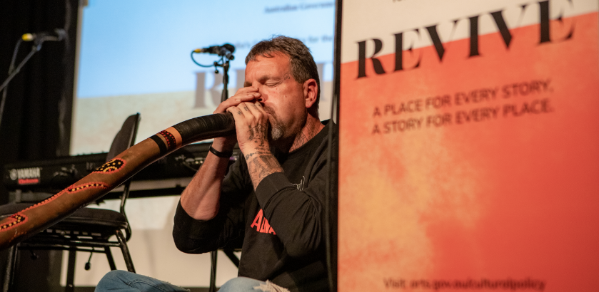 Bunurong Palawa traditional custodian Josh West performing at the launch of Revive. 