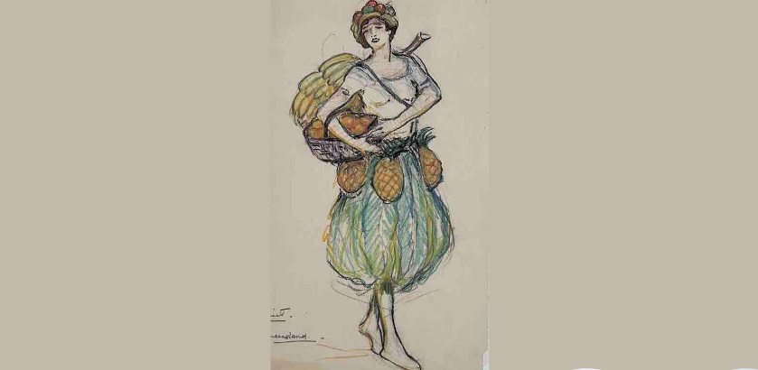 Coloured drawings of costume designs created by Hilda Rix Nicholas