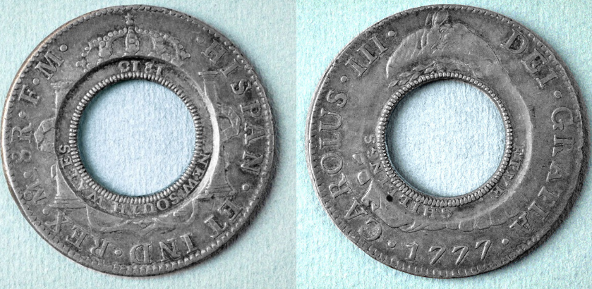 The obverse and reverse of the rare Polish 1813 Holey Dollar.