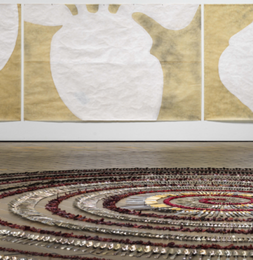 Image of a rug in front of artwork on a wall.