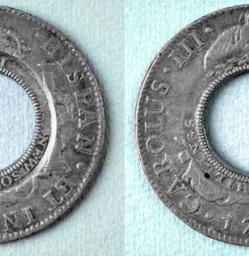 The obverse and reverse of the rare Polish 1813 Holey Dollar.