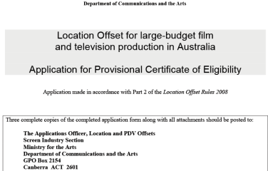 Location Offset for large-budget film and television production in Australia—Application for Provisional Certificate of Eligibility