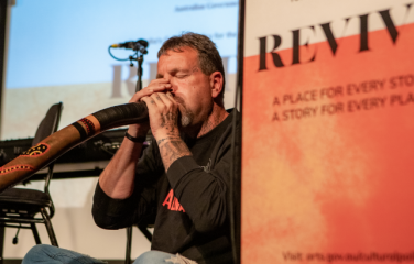 Bunurong Palawa traditional custodian Josh West performing at the launch of Revive. 