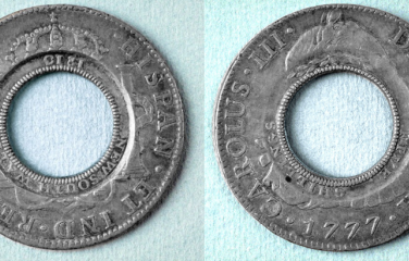 The obverse and reverse of the rare Polish 1813 Holey Dollar.